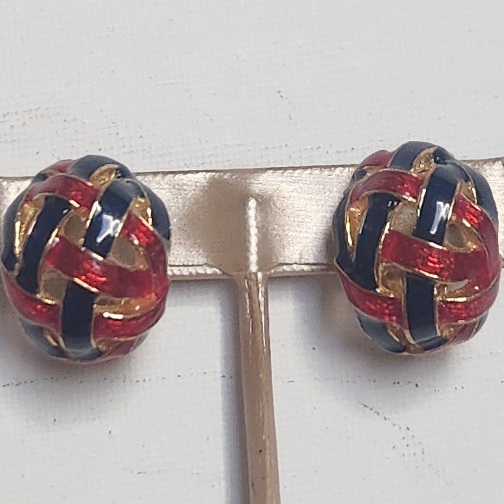 David Hill Navy Blue Red Enamel Gold Tone Woven Lattice Clip On Hoop Earrings